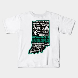 Indianapolis Indiana cute map, Fort Wayne, Evansville, Carmel, South Bend, Fishers, Bloomington, Hammond, Gary, Lafayette Kids T-Shirt